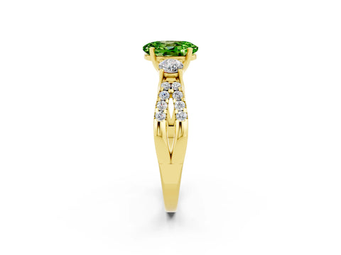 Yellow gold Oval Cut Peridot Three-Stone Ring with Pavé Split Shank and Four-Prong Setting_14