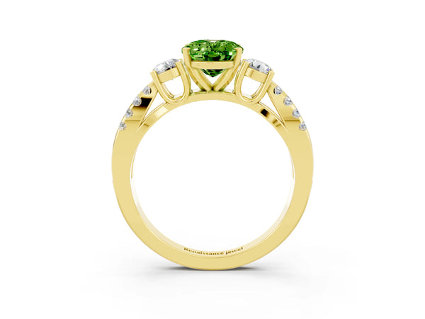 Yellow gold Oval Cut Peridot Three-Stone Ring with Pavé Split Shank and Four-Prong Setting