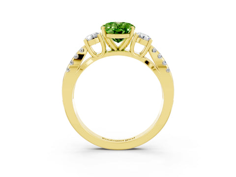 Yellow gold Oval Cut Peridot Three-Stone Ring with Pavé Split Shank and Four-Prong Setting_15
