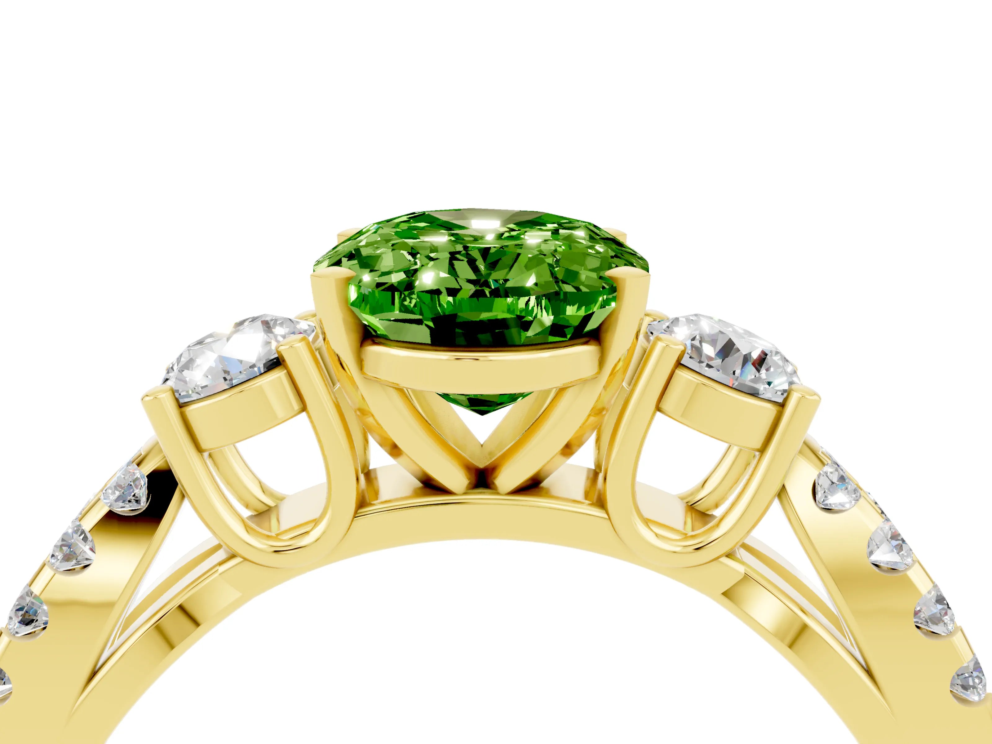 Yellow gold Oval Cut Peridot Three-Stone Ring with Pavé Split Shank and Four-Prong Setting_16