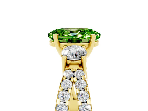 Yellow gold Oval Cut Peridot Three-Stone Ring with Pavé Split Shank and Four-Prong Setting_17