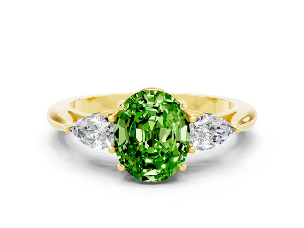 Yellow gold Oval Cut Peridot Three-Stone Ring with Pear  Side Stones and Prong Setting