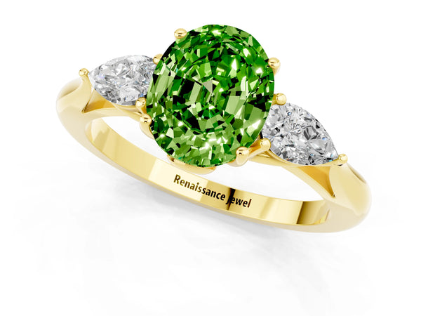 Yellow gold Oval Cut Peridot Three-Stone Ring with Pear  Side Stones and Prong Setting