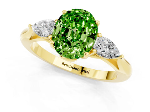 Yellow gold Oval Cut Peridot Three-Stone Ring with Pear Side Stones and Four-Prong Setting_13