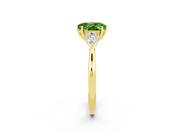 Yellow gold Oval Cut Peridot Three-Stone Ring with Pear  Side Stones and Prong Setting