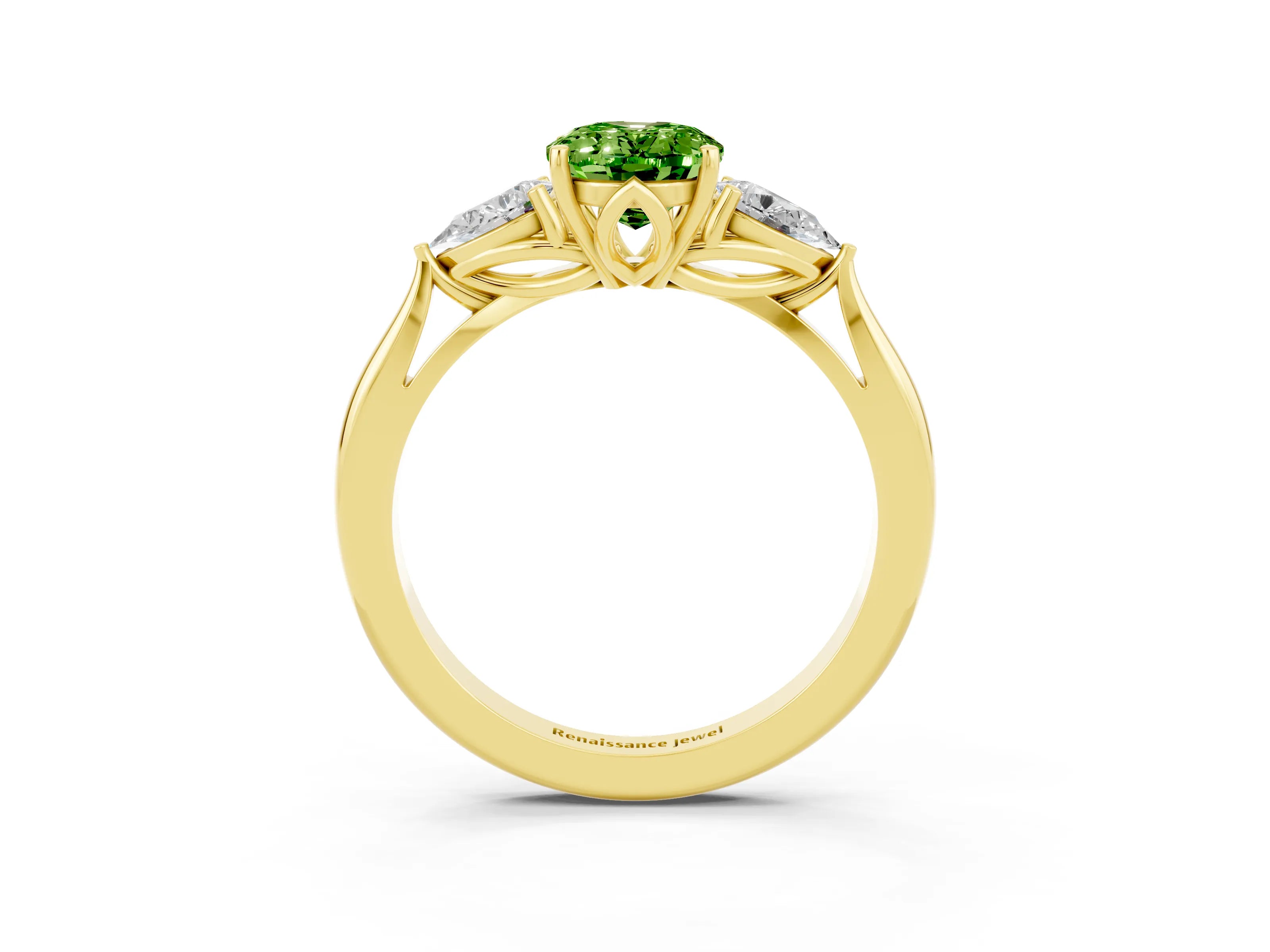 Yellow gold Oval Cut Peridot Three-Stone Ring with Pear Side Stones and Four-Prong Setting_15