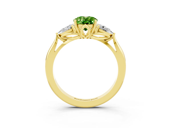 Yellow gold Oval Cut Peridot Three-Stone Ring with Pear  Side Stones and Prong Setting