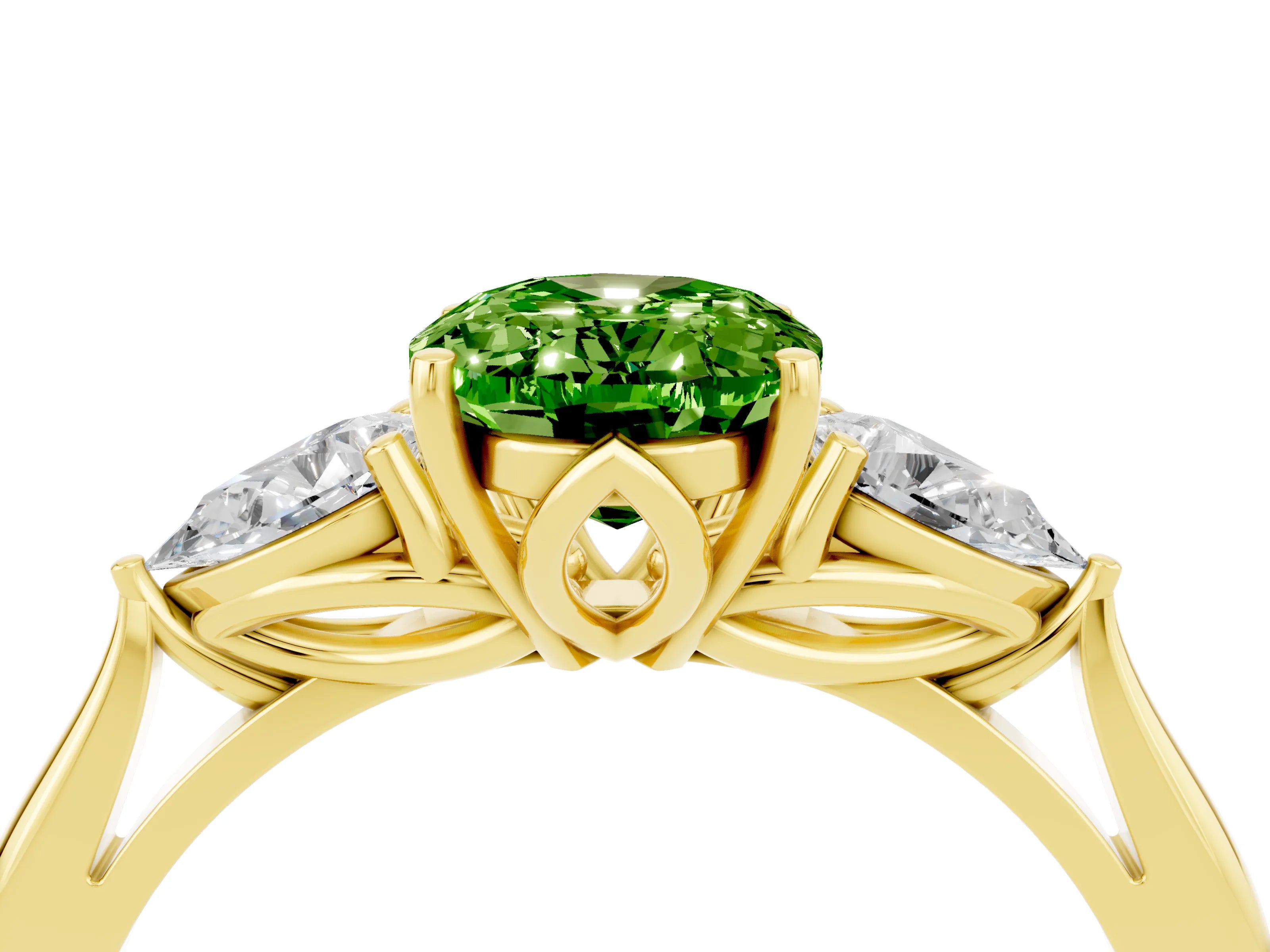 Yellow gold Oval Cut Peridot Three-Stone Ring with Pear Side Stones and Four-Prong Setting_16