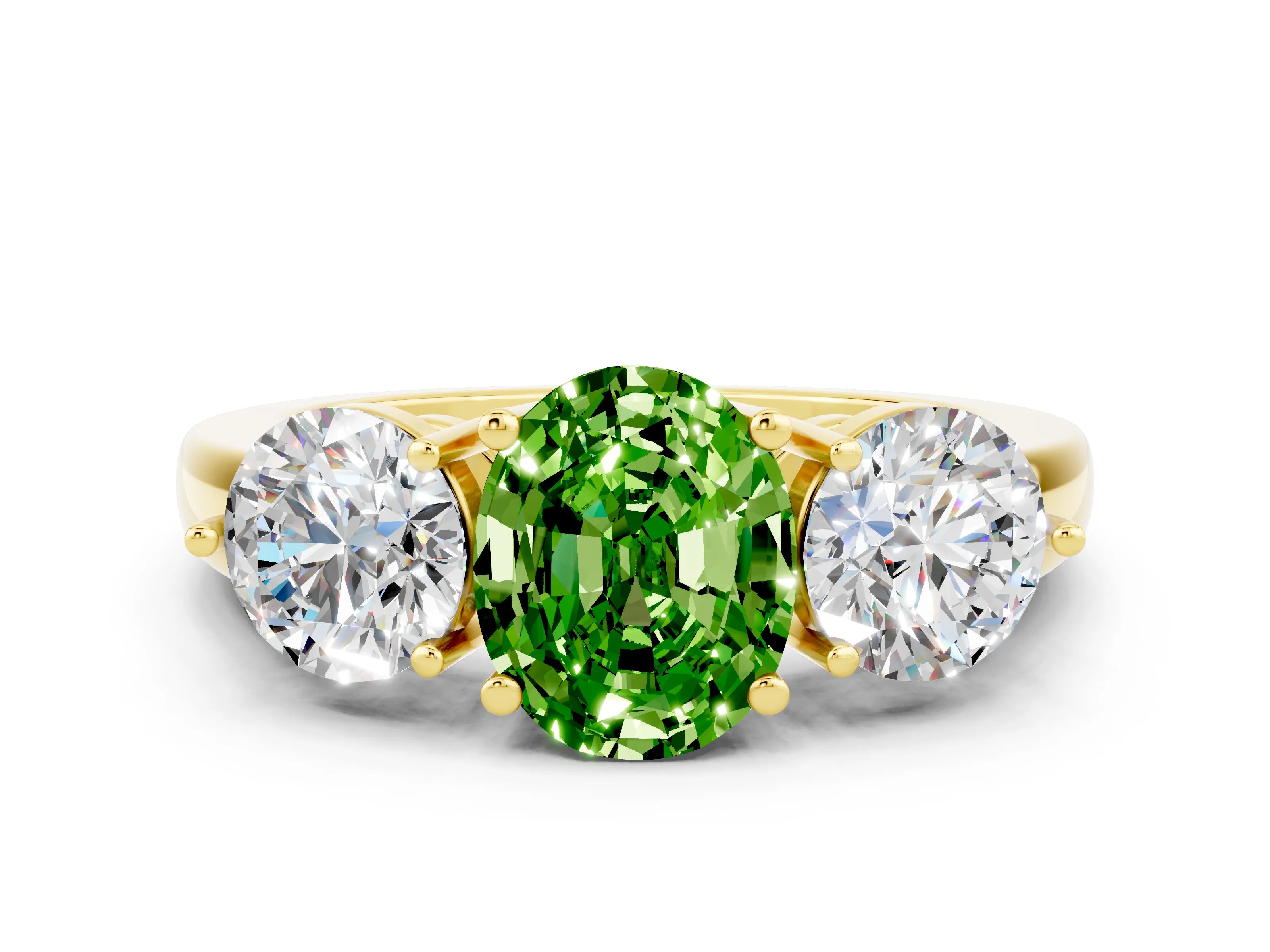 Yellow gold Oval Cut Peridot Three-Stone Ring with Prong Setting and Classic Band
