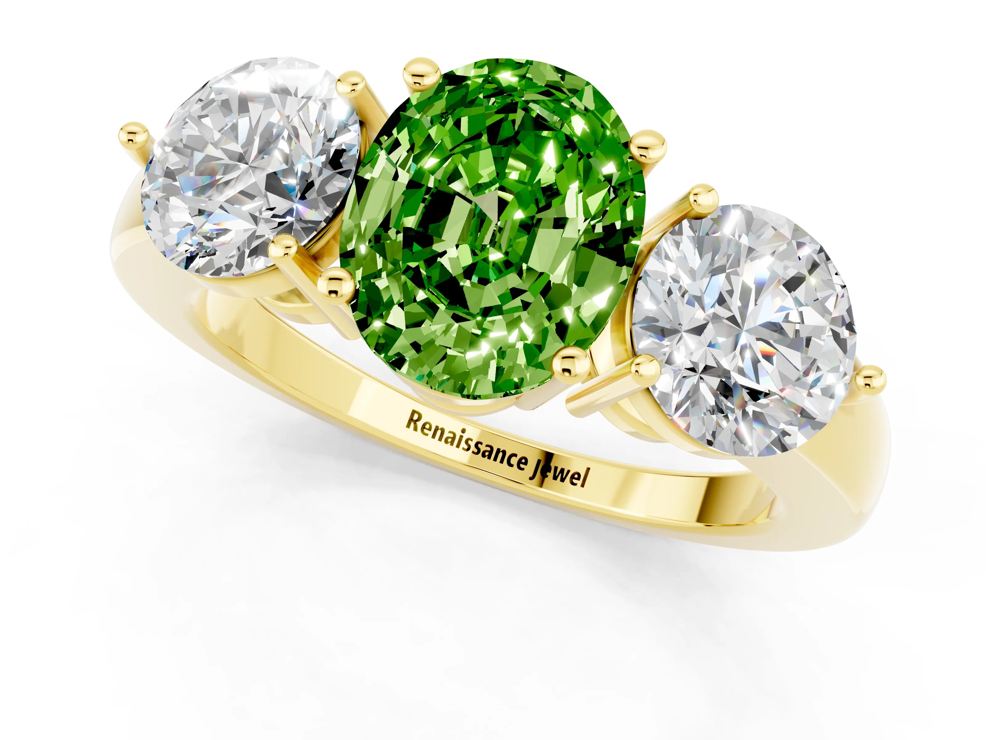 Yellow gold Oval Cut Peridot Three-Stone Ring with Prong Setting and Classic Band_1