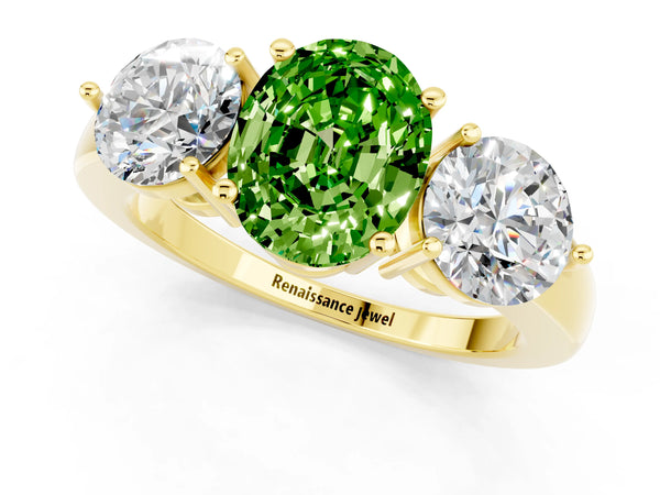 Yellow gold Oval Cut Peridot Three-Stone Ring with Prong Setting and Classic Band