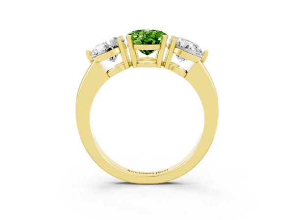 Yellow gold Oval Cut Peridot Three-Stone Ring with Prong Setting and Classic Band