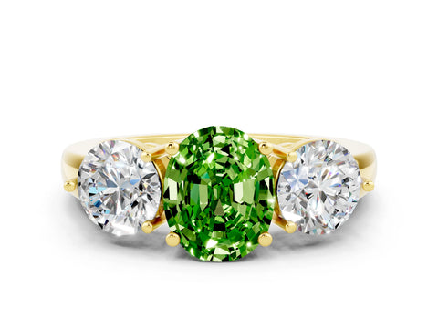 Yellow gold Oval Cut Peridot Three-Stone Ring with Prong Setting and Classic Band