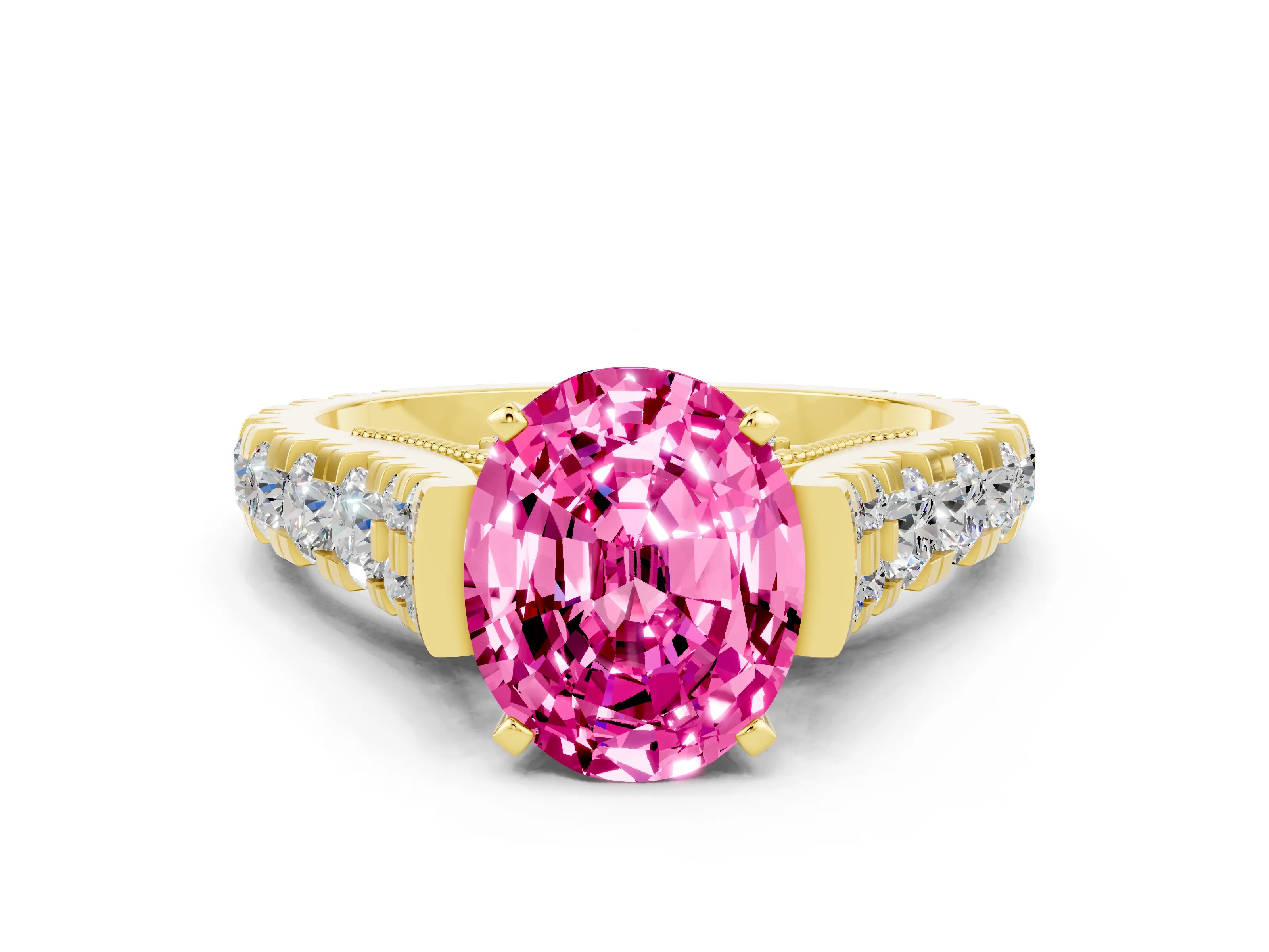 Yellow gold Oval Cut Pink Sapphire Classic Solitaire Ring with Pavé Band and Four-Prong Setting_12