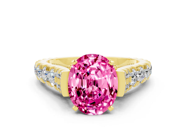 Yellow gold Oval Cut Pink Sapphire Classic Solitaire Ring with Pavé Band and Four-Prong Setting
