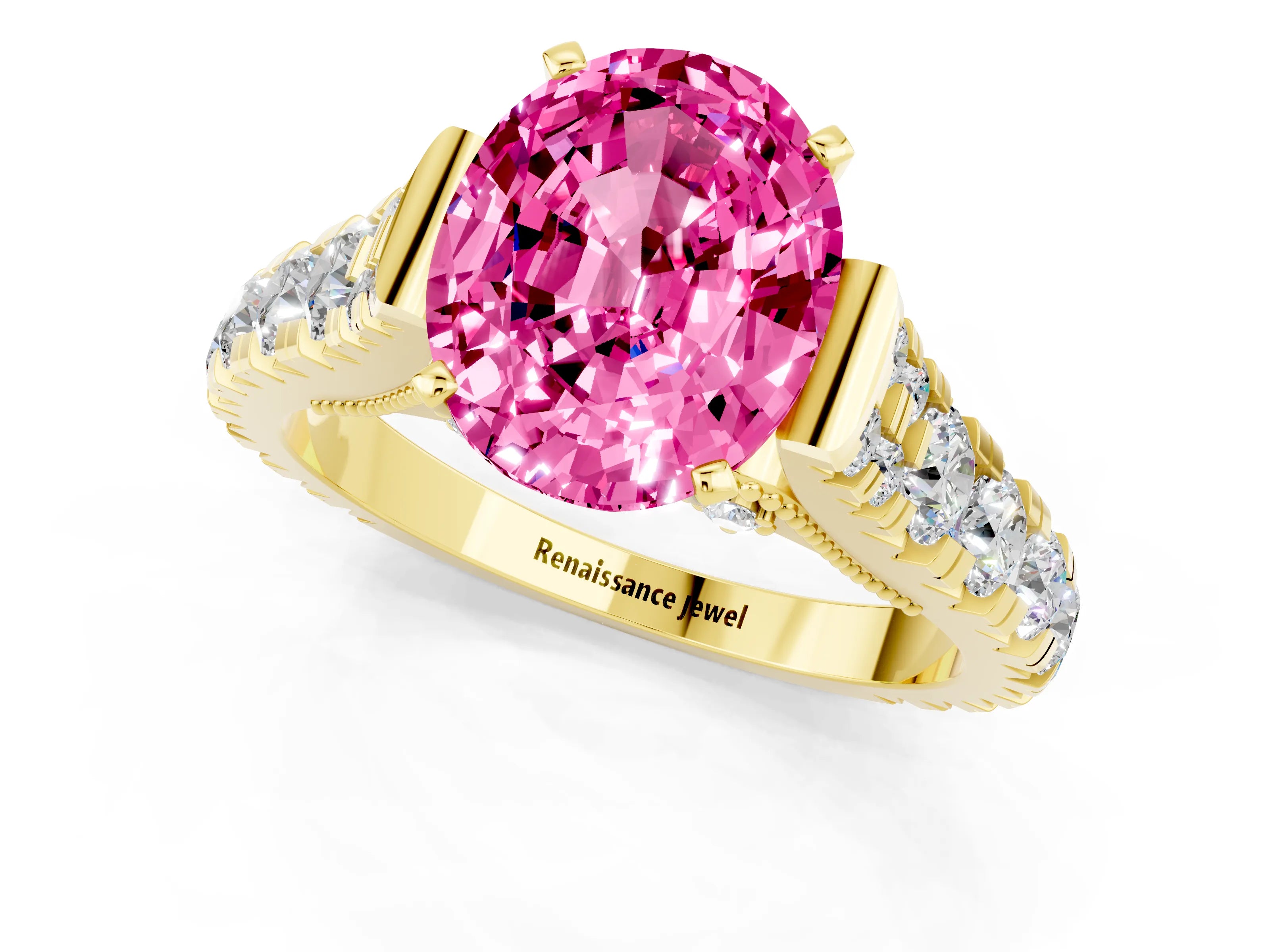 Yellow gold Oval Cut Pink Sapphire Classic Solitaire Ring with Pavé Band and Four-Prong Setting_13
