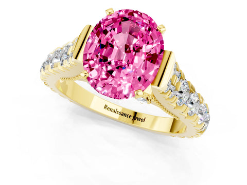 Yellow gold Oval Cut Pink Sapphire Classic Solitaire Ring with Pavé Band and Four-Prong Setting_13