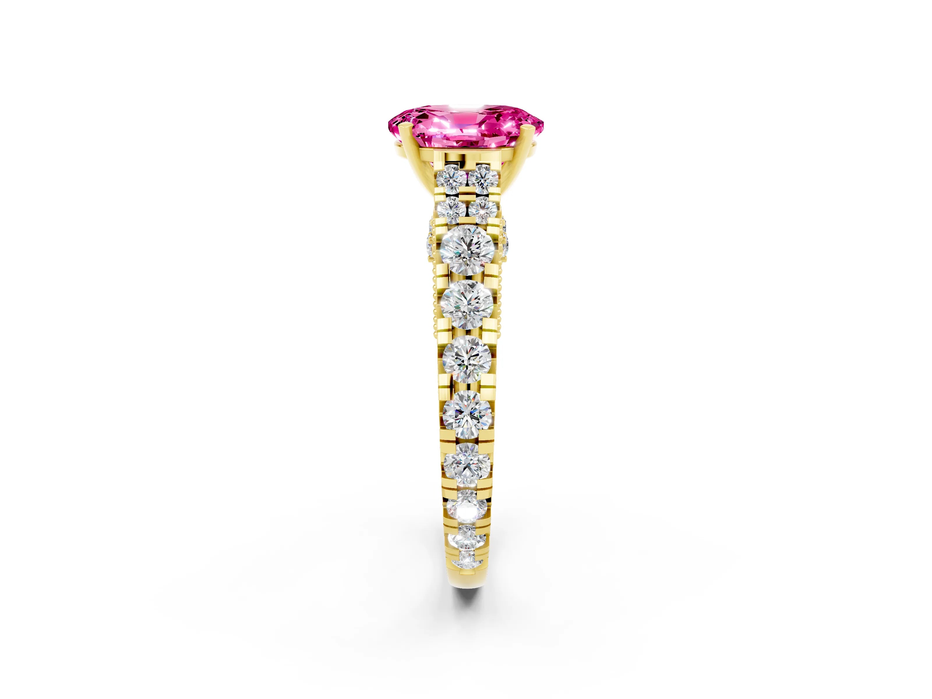 Yellow gold Oval Cut Pink Sapphire Classic Solitaire Ring with Pavé Band and Four-Prong Setting_14