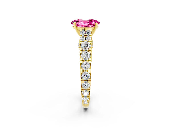 Yellow gold Oval Cut Pink Sapphire Classic Solitaire Ring with Pavé Band and Four-Prong Setting