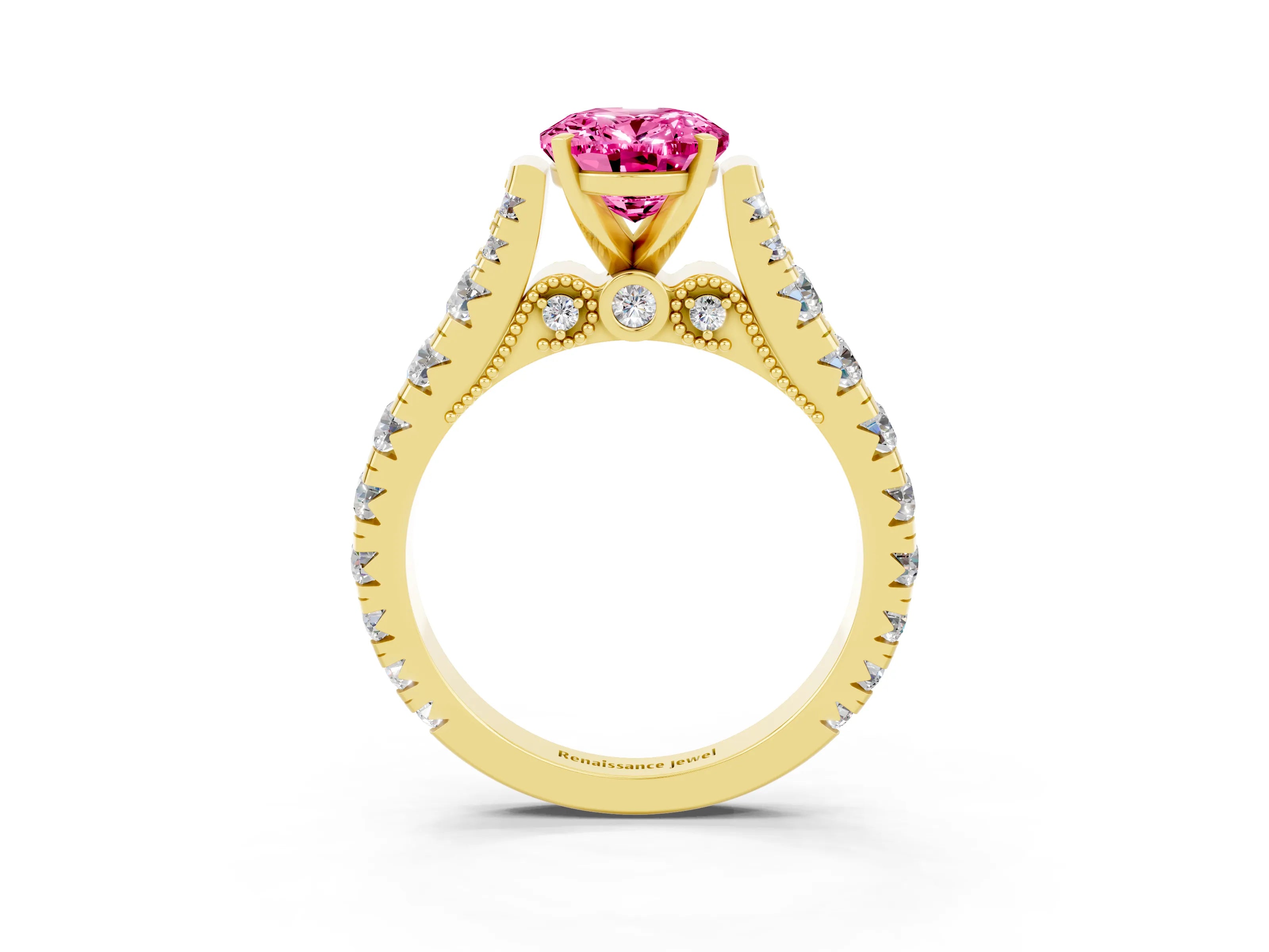 Yellow gold Oval Cut Pink Sapphire Classic Solitaire Ring with Pavé Band and Four-Prong Setting_15