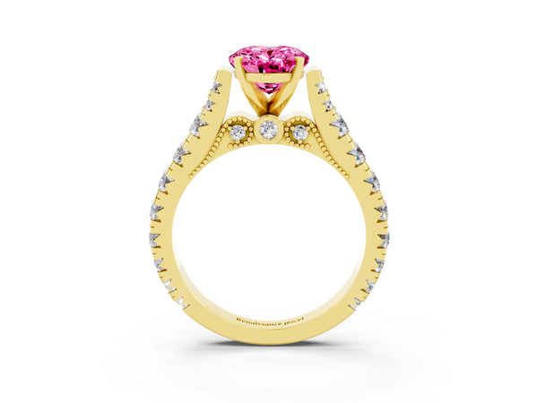 Yellow gold Oval Cut Pink Sapphire Classic Solitaire Ring with Pavé Band and Four-Prong Setting