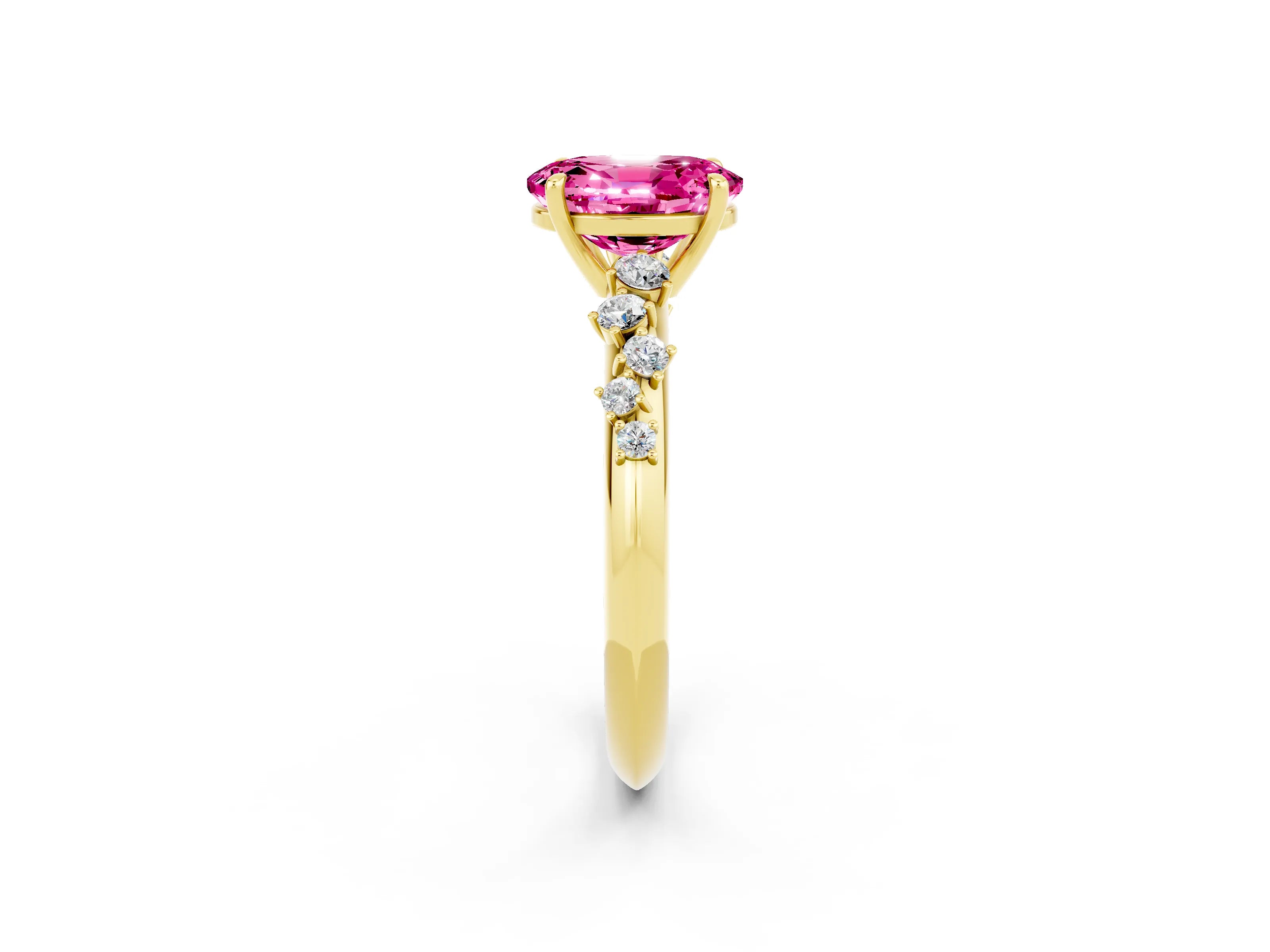 Yellow gold Oval Cut Pink Sapphire Cluster Side Stone Solitaire Ring with Prong Setting_50