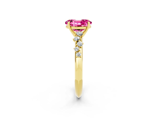 Yellow gold Oval Cut Pink Sapphire Cluster Side Stone Solitaire Ring with Prong Setting