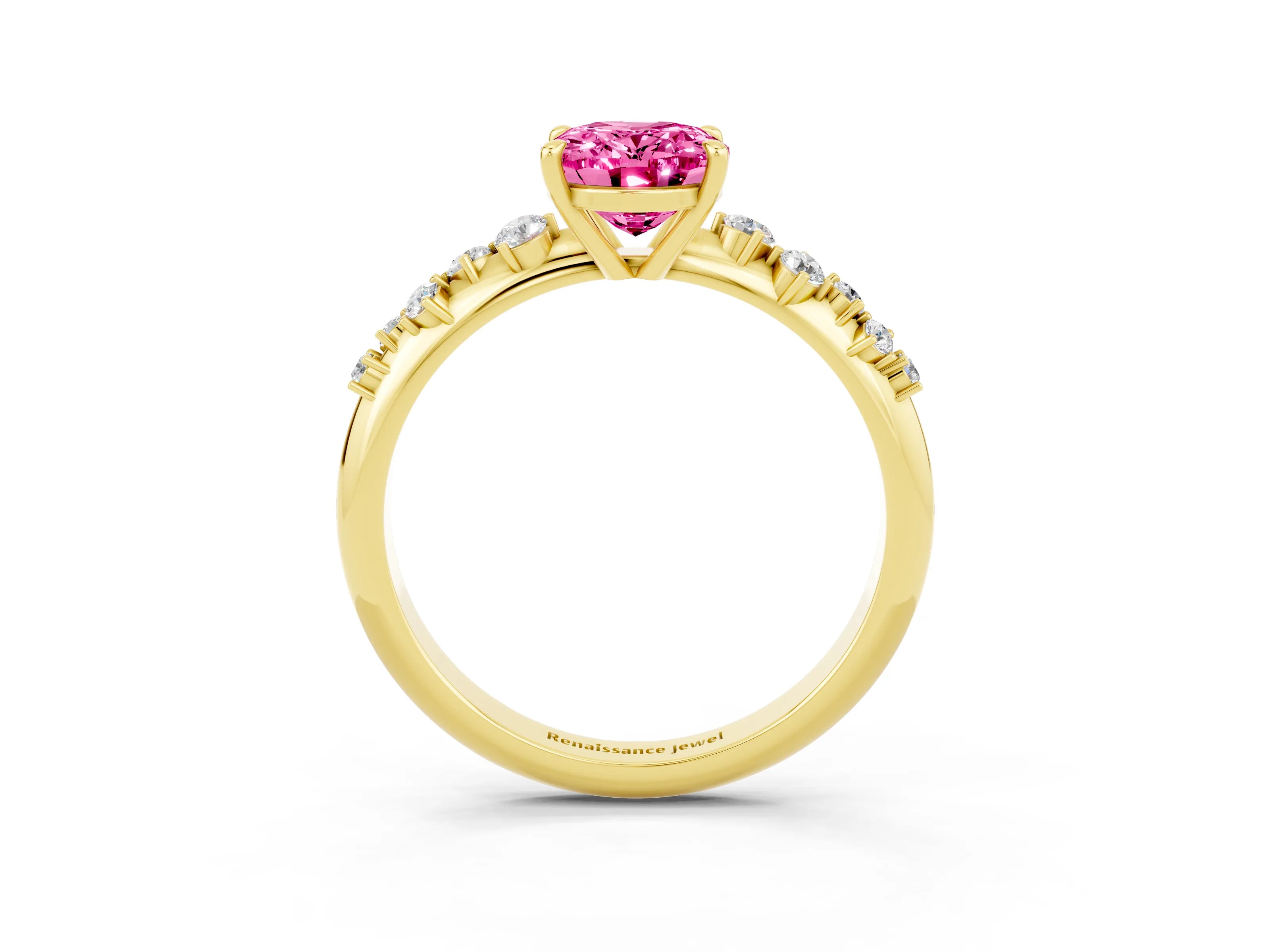 Yellow gold Oval Cut Pink Sapphire Cluster Side Stone Solitaire Ring with Prong Setting_51