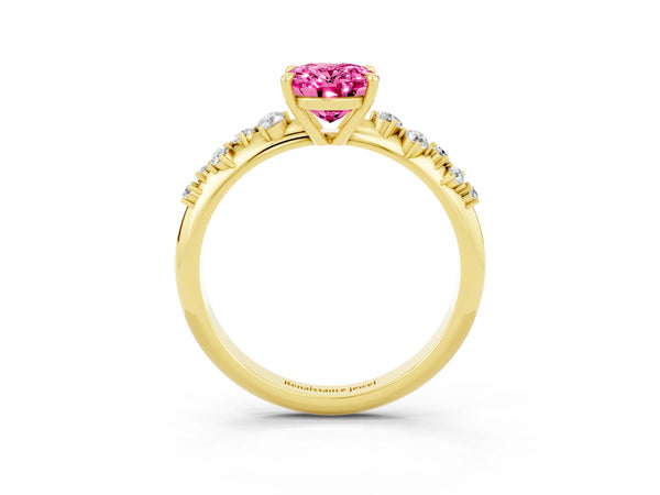 Yellow gold Oval Cut Pink Sapphire Cluster Side Stone Solitaire Ring with Prong Setting
