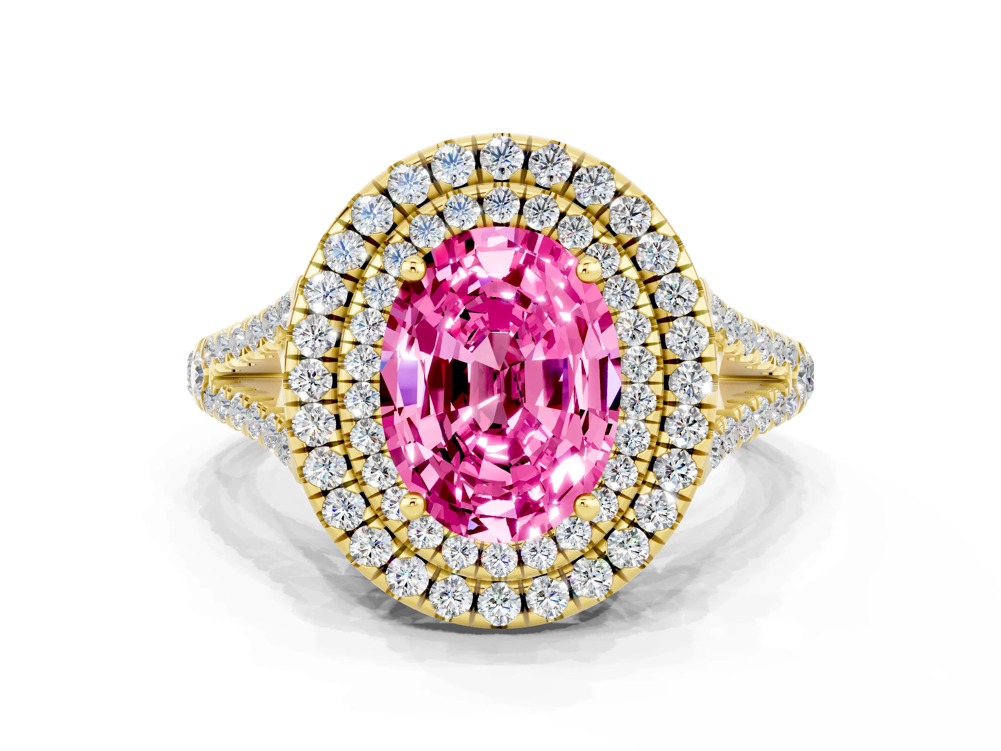 Yellow gold Oval Cut Pink Sapphire Double Halo Ring with Pavé Band and Prong Setting_12