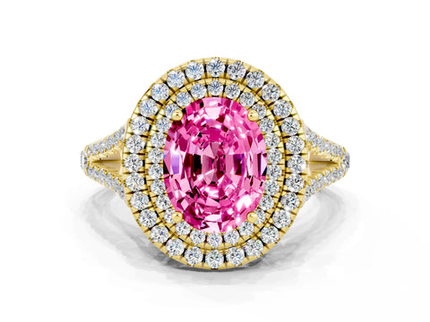 Yellow gold Oval Cut Pink Sapphire Double Halo Ring with Pavé Band and Prong Setting_12