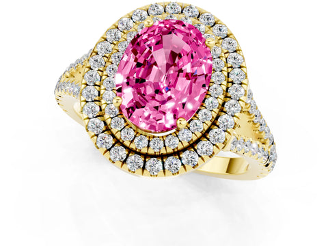 Yellow gold Oval Cut Pink Sapphire Double Halo Ring with Pavé Band and Prong Setting_13