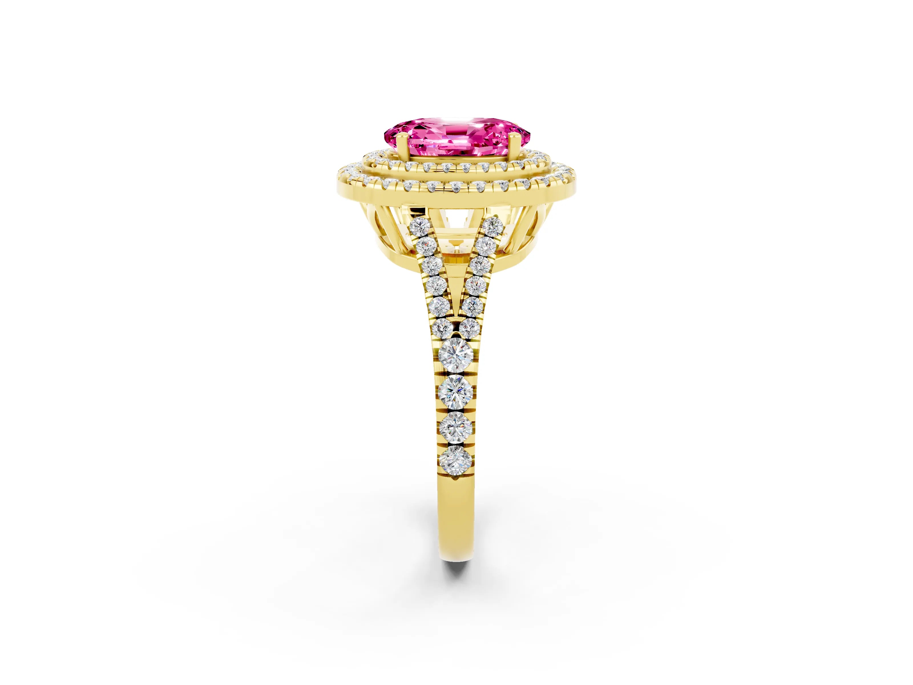 Yellow gold Oval Cut Pink Sapphire Double Halo Ring with Pavé Band and Prong Setting_14