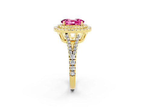 Yellow gold Oval Cut Pink Sapphire Double Halo Ring with Pavé Band and Prong Setting_14