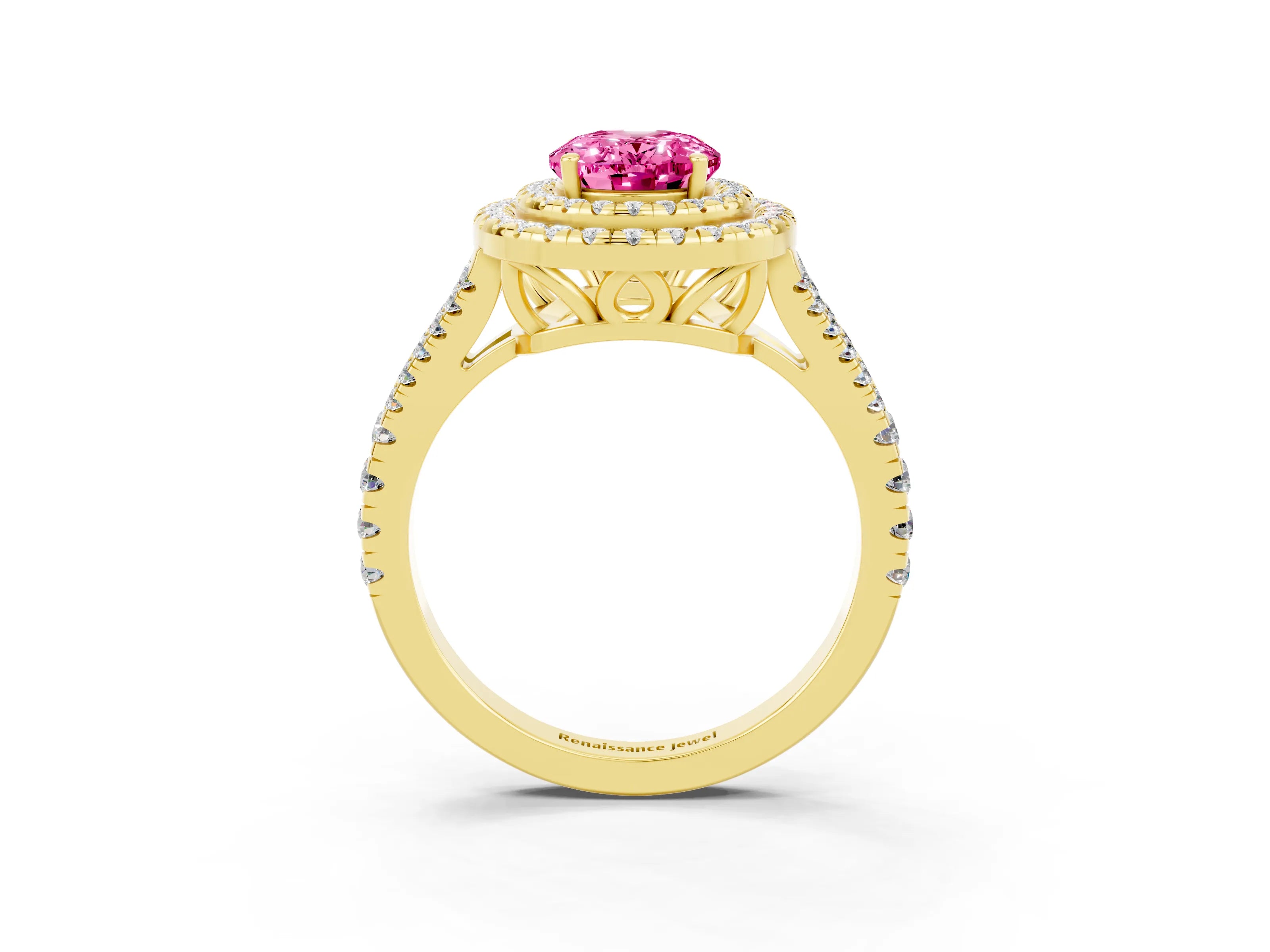 Yellow gold Oval Cut Pink Sapphire Double Halo Ring with Pavé Band and Prong Setting_15