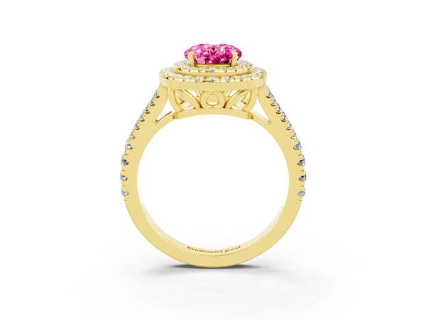 Yellow gold Oval Cut Pink Sapphire Double Halo Ring with Pavé Band and Prong Setting