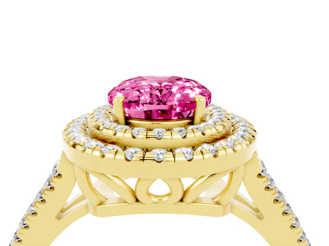 Yellow gold Oval Cut Pink Sapphire Double Halo Ring with Pavé Band and Prong Setting_16
