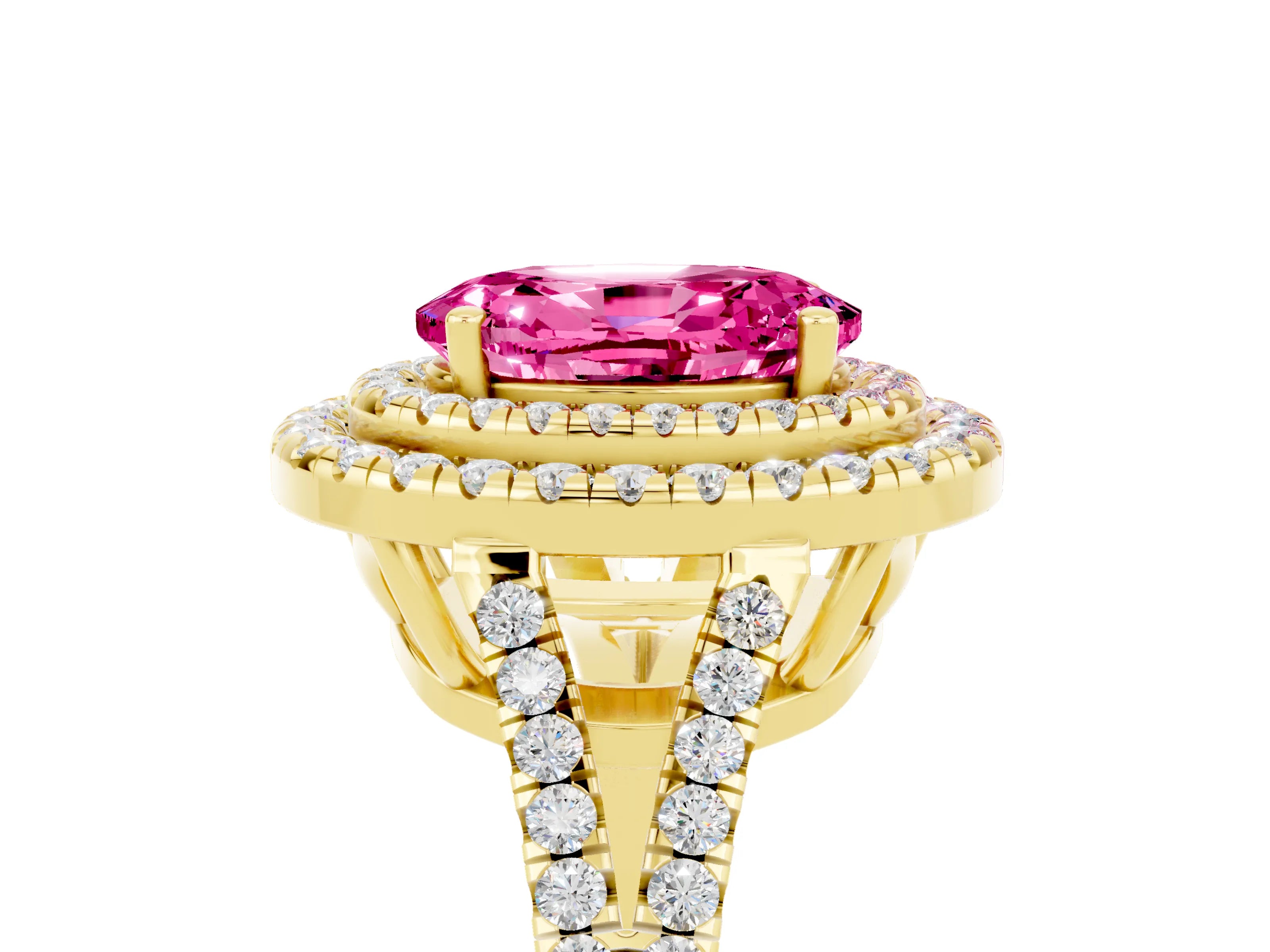 Yellow gold Oval Cut Pink Sapphire Double Halo Ring with Pavé Band and Prong Setting_17