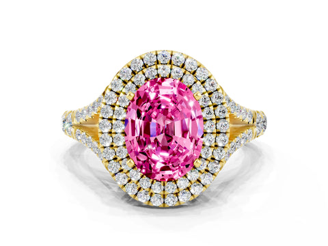 Yellow gold Oval Cut Pink Sapphire Double Halo Ring with Split Shank and Prong Setting_12
