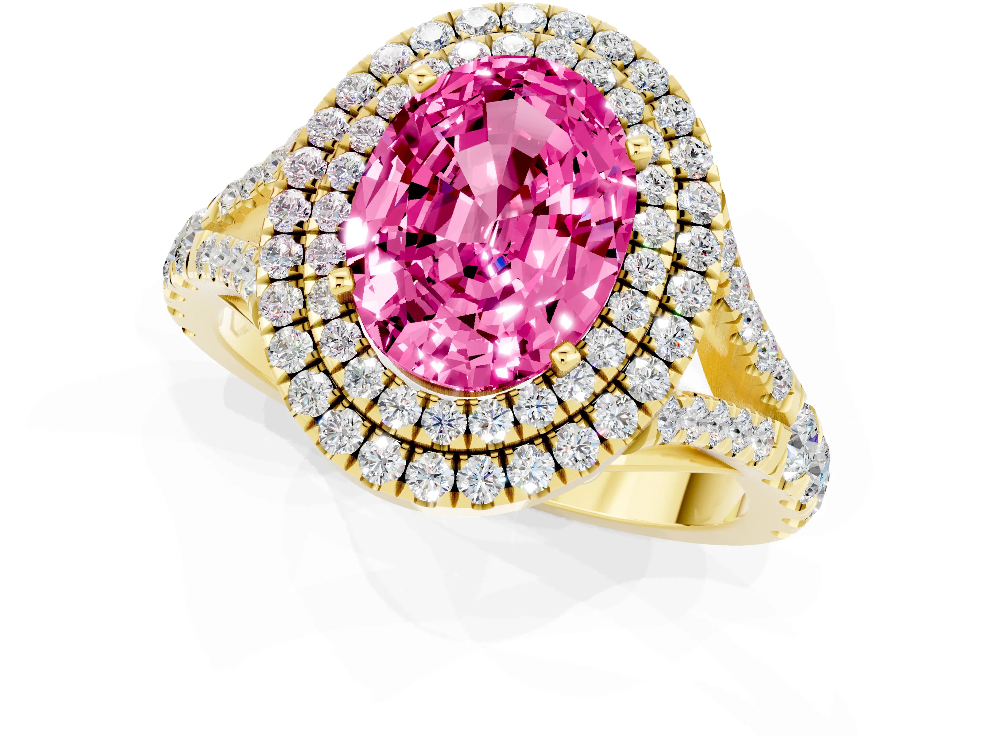 Yellow gold Oval Cut Pink Sapphire Double Halo Ring with Split Shank and Prong Setting_13