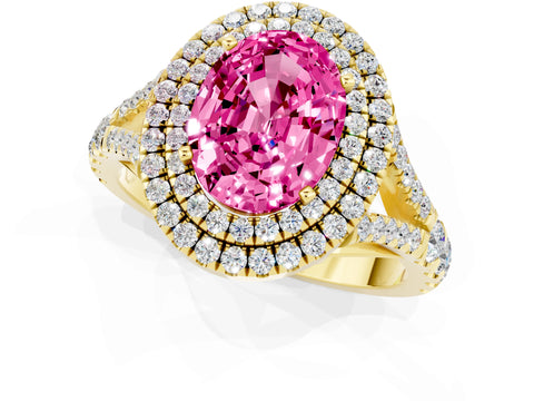 Yellow gold Oval Cut Pink Sapphire Double Halo Ring with Split Shank and Prong Setting_13