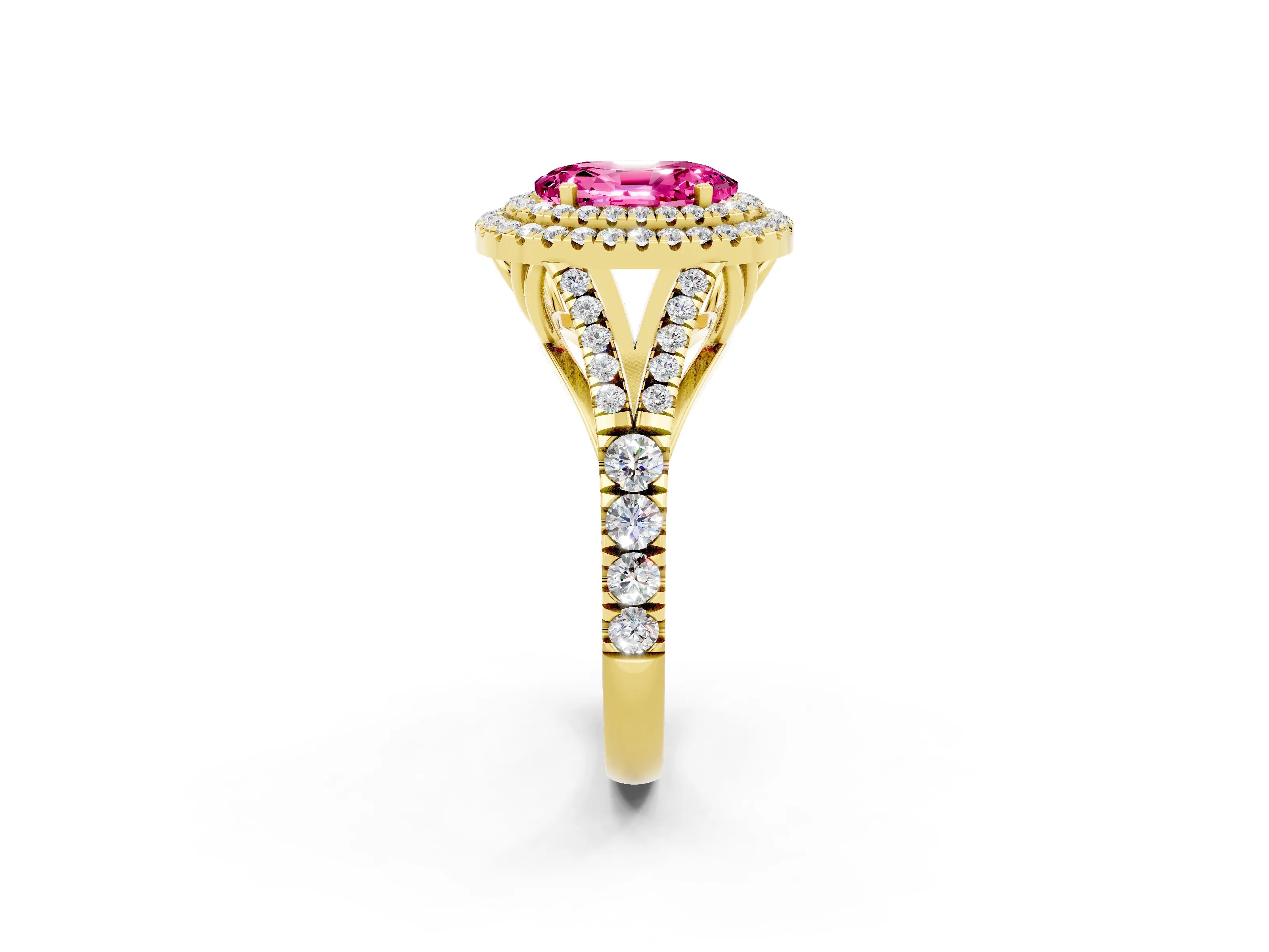 Yellow gold Oval Cut Pink Sapphire Double Halo Ring with Split Shank and Prong Setting_14