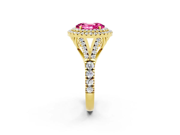 Yellow gold Oval Cut Pink Sapphire Double Halo Ring with Split Shank and Prong Setting