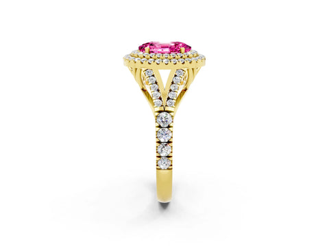 Yellow gold Oval Cut Pink Sapphire Double Halo Ring with Split Shank and Prong Setting_14