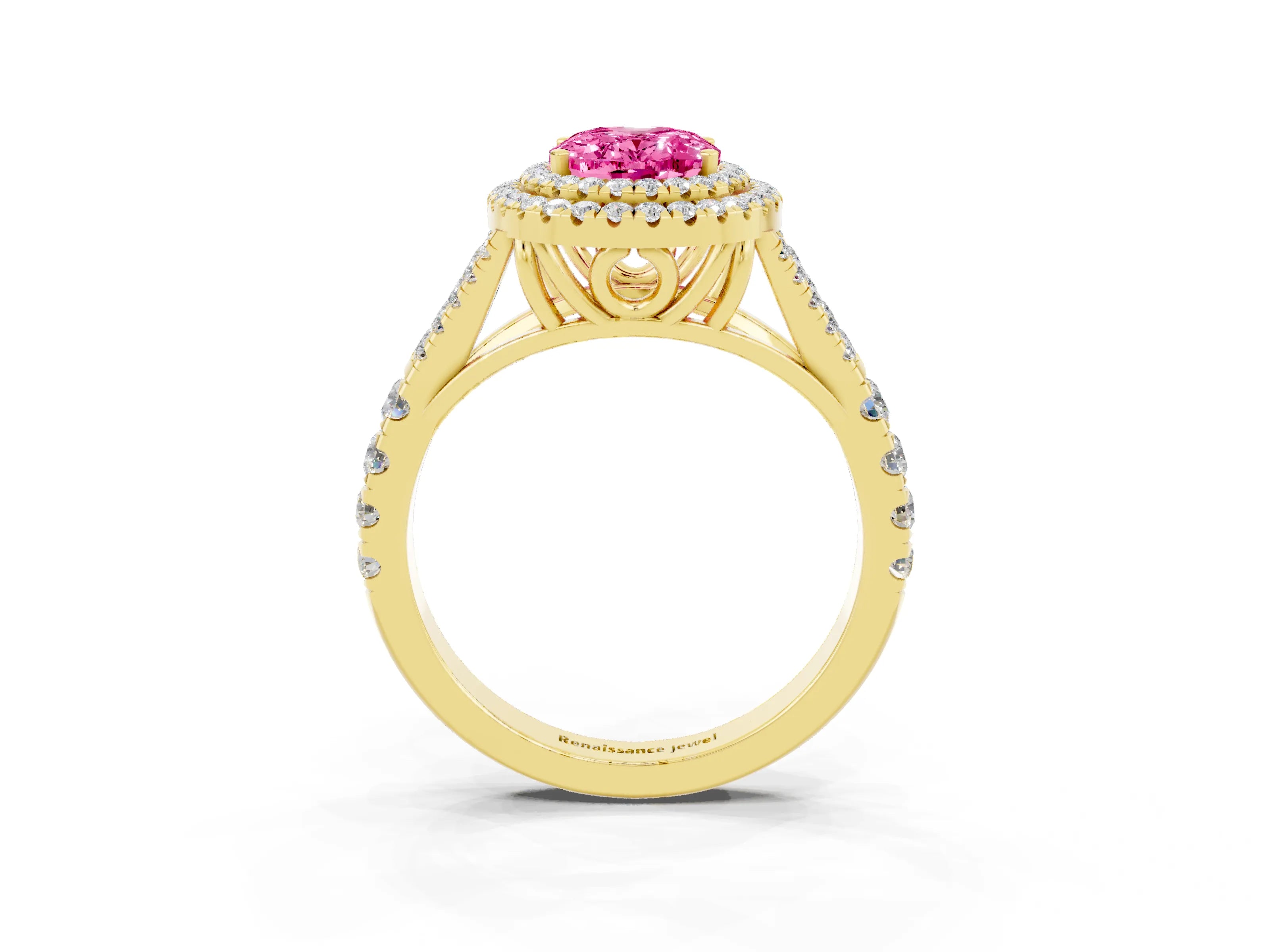 Yellow gold Oval Cut Pink Sapphire Double Halo Ring with Split Shank and Prong Setting_15