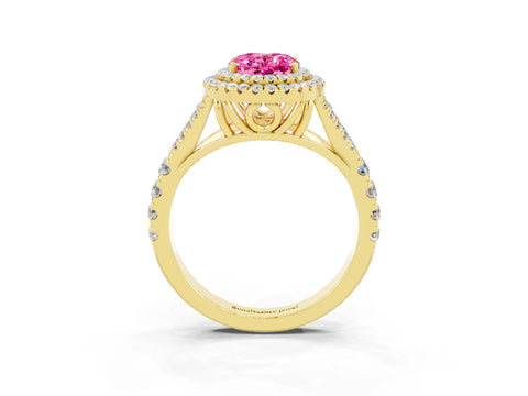 Yellow gold Oval Cut Pink Sapphire Double Halo Ring with Split Shank and Prong Setting_15