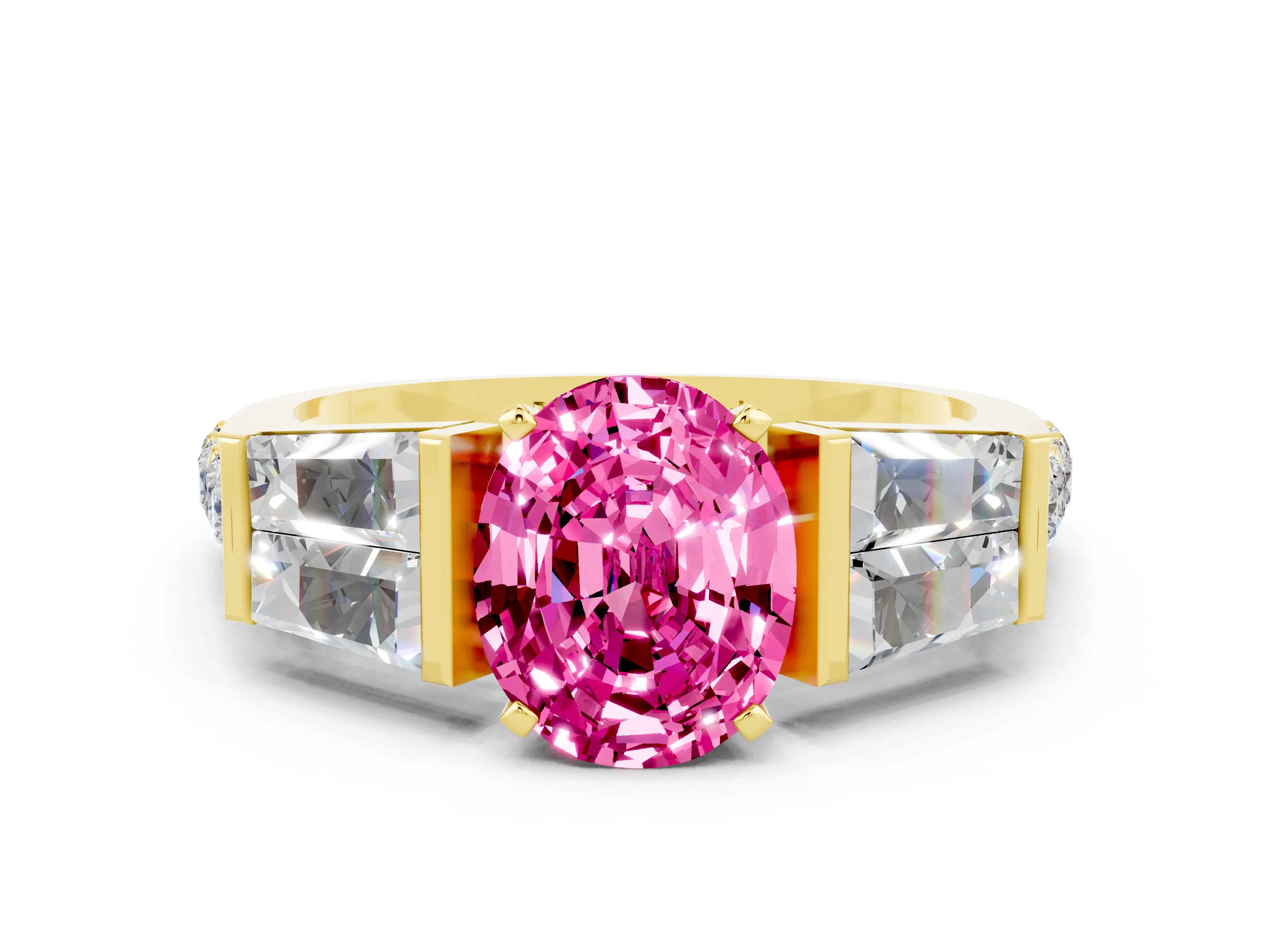 Yellow gold Oval Cut Pink Sapphire Engagement Ring with Baguette Side Stones and Channel Set Band