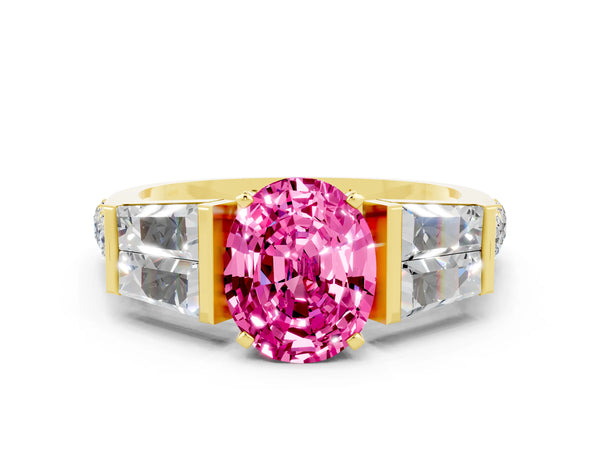 Yellow gold Oval Cut Pink Sapphire Engagement Ring with Baguette Side Stones and Channel Set Band