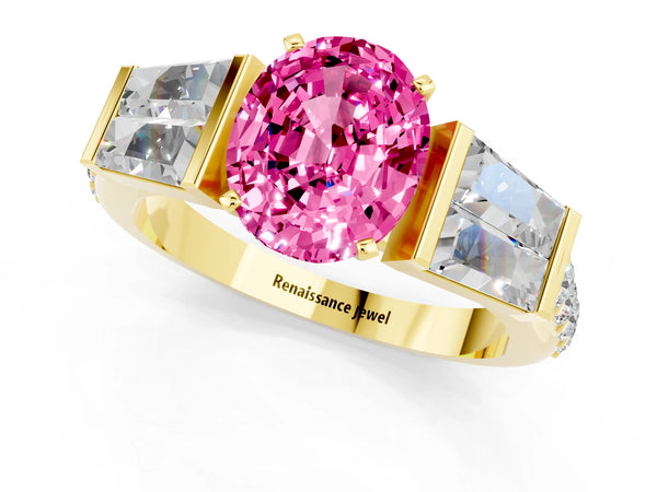 Yellow gold Oval Cut Pink Sapphire Engagement Ring with Baguette Side Stones and Channel Set Band