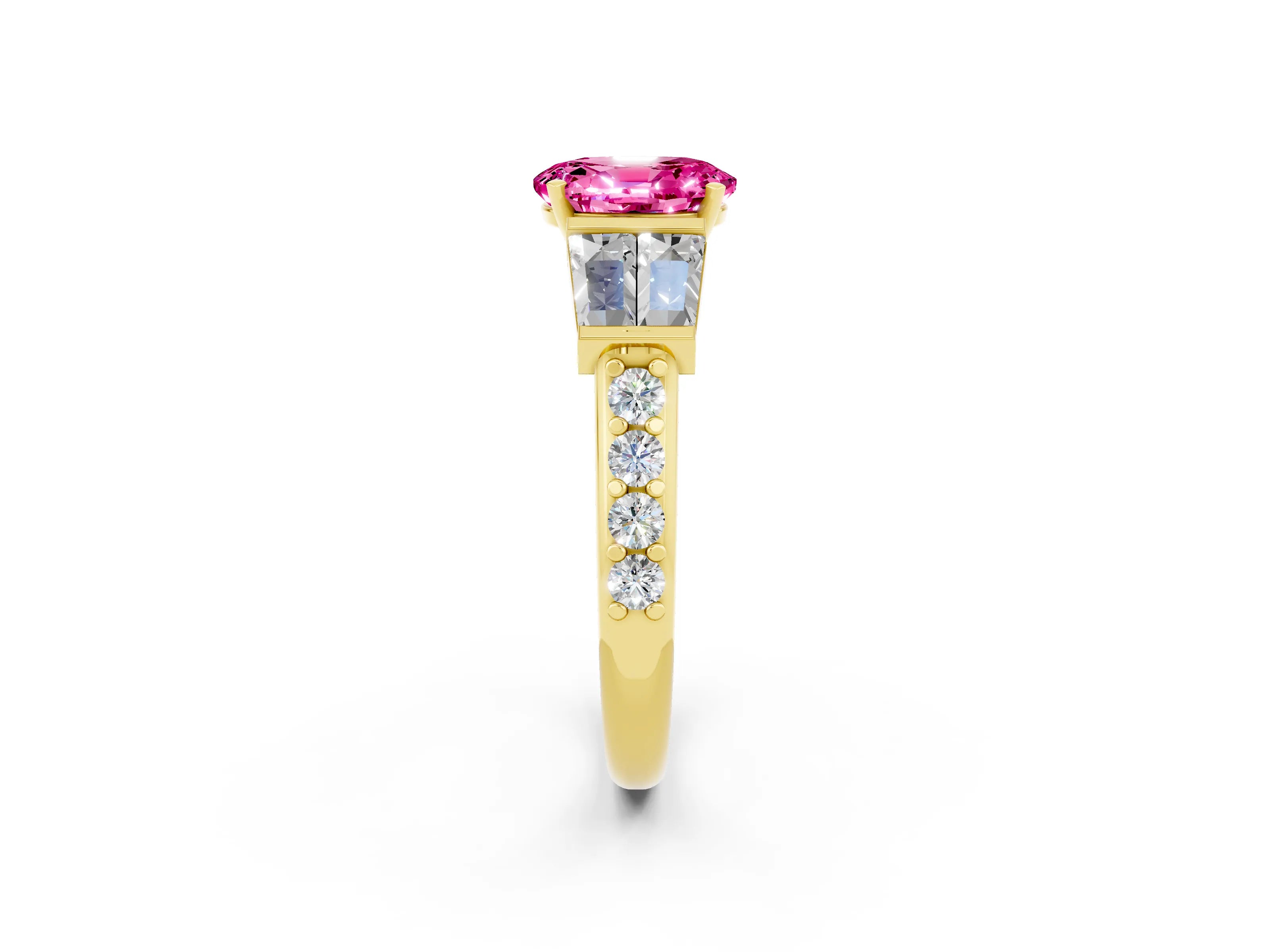 Yellow gold Oval Cut Pink Sapphire Engagement Ring with Baguette Side Stones and Channel Set Band_2